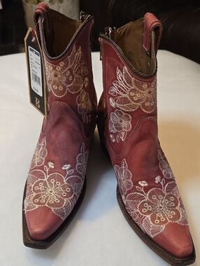 Women's Red Embroidered Leather Western Ankle Booties